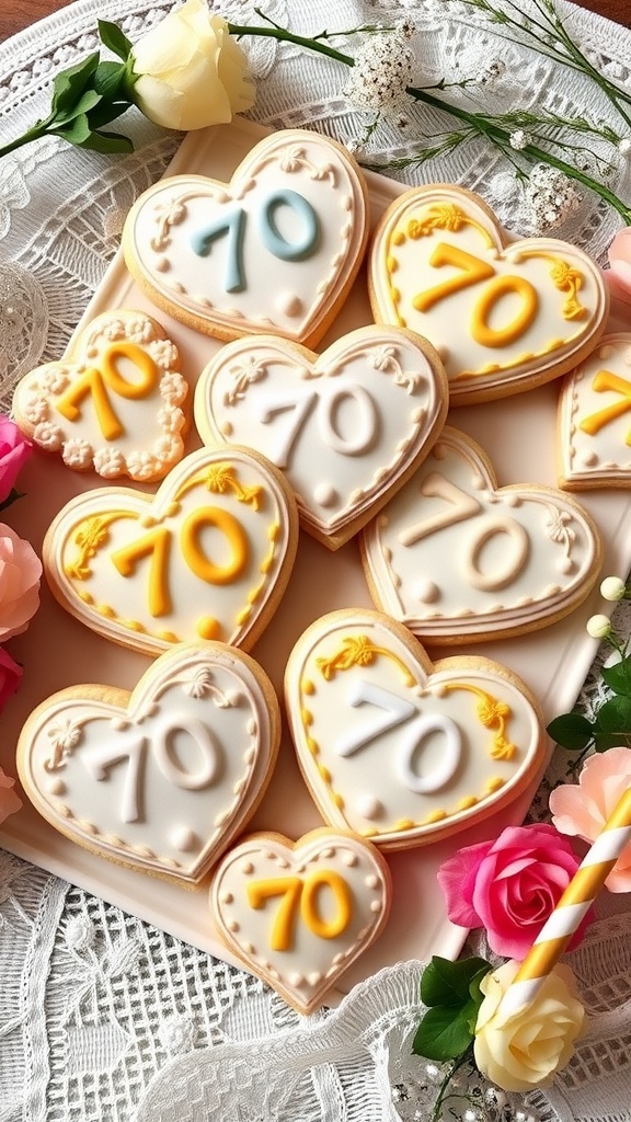 A stylish cookie display for a 70th anniversary with heart-shaped cookies decorated in gold and silver, showcasing the number 